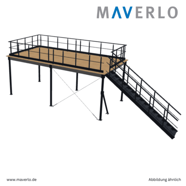 Lagerbühne 8000 x 4000 mm mit 350 kg/m² Belastbarkeit, inklusive Treppe und Geländer, ideal für industrielle Nutzung, Lagerhallen und Logistikzentren, robust und zuverlässig für schwere Lasten