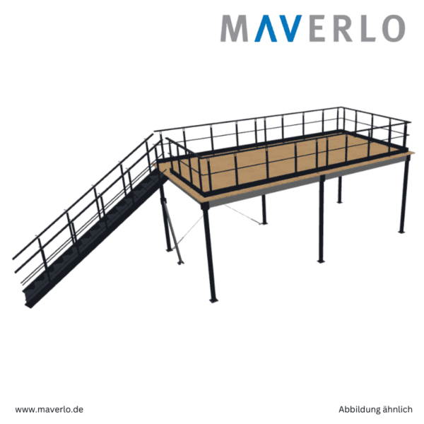 ndustrietaugliche Lagerbühne 8000 x 4000 mm mit Stahlkonstruktion, hoher Tragfähigkeit und Sicherheitsgeländer, optimal für Lagerhallen, Produktion und industrielle Anwendungen