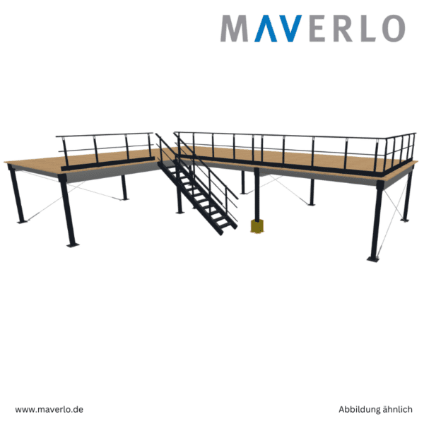 Lagerbühne in L Form 9.700 x 13.200 mm 750 kg/m² Oberkante Belag bis 3000 mm mit Treppe und Geländer – Bild 3