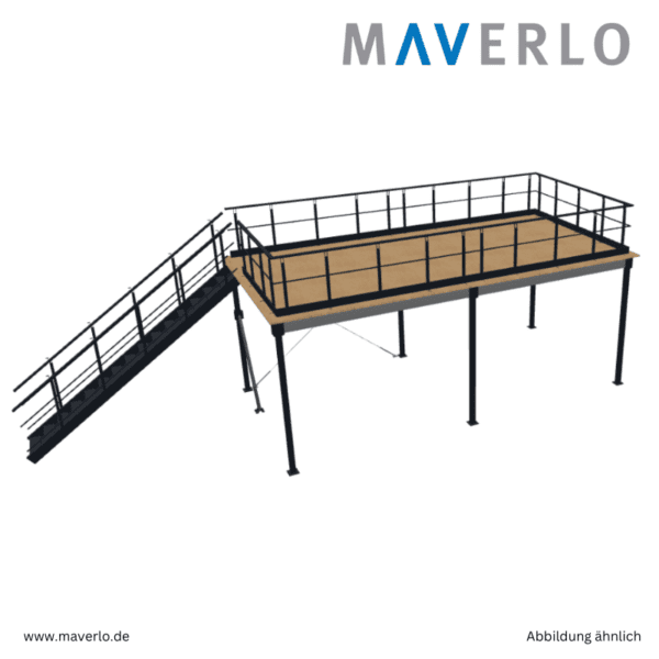 Großflächige Lagerbühne 8000 x 4000 mm mit 350 kg/m² Belastbarkeit, Mezzastair-Treppe und Sicherheitsgeländer, perfekt für effizientes Lagern in großen Räumen, Logistikzentren und Lagerhallen